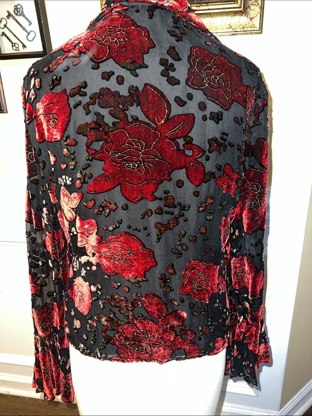 Dress Barn Black Blouse with Red Velvet Floral Burnout - Picture 6 of 6